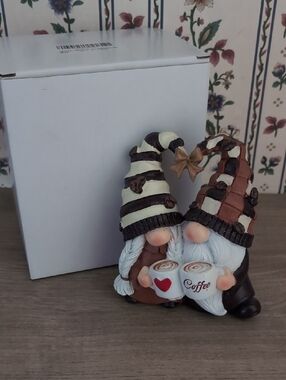 Brown & Cream Gnome Couple Figurine Holding Coffee - Decorative Home Accent